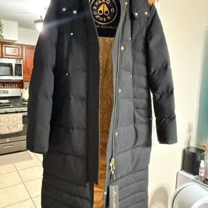 Moose Knuckles Black Puffer Coat with Gold Accents